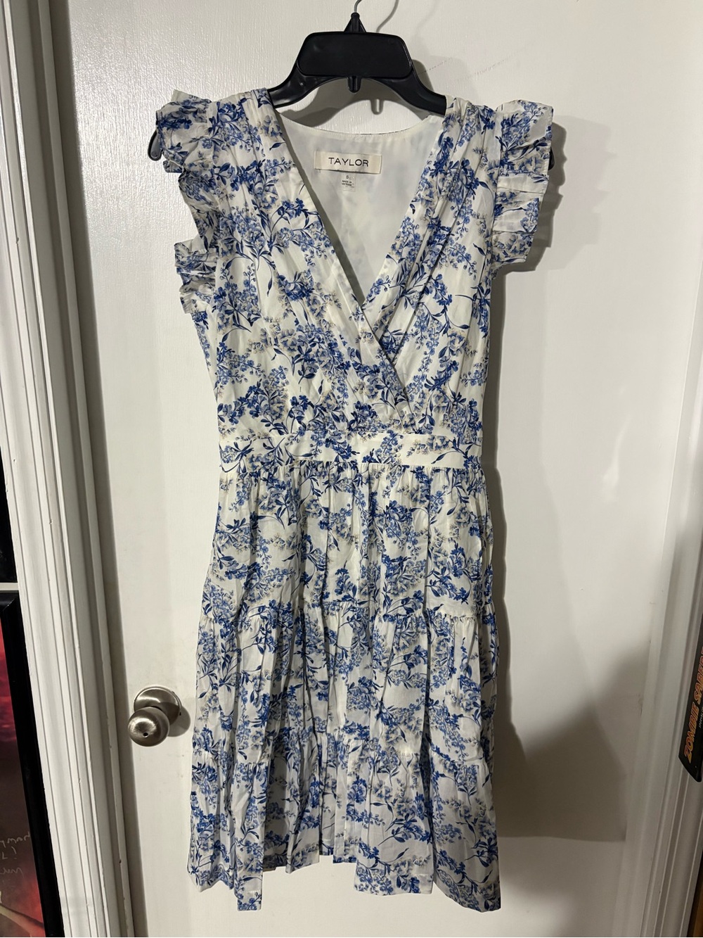 Taylor White Midi Dress with Blue Floral Print